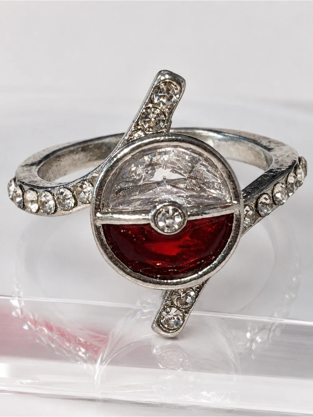 Poké Ball Inspired Rhinestone Statement Ring Silver Tone Red Size 6